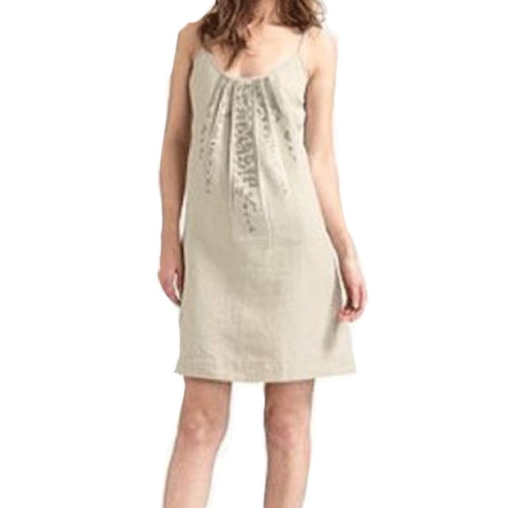 Eileen Fisher Linen Dress Medium Beige Beaded Organic Linen Shift